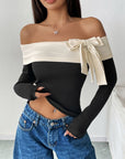 Perfee Bow Contrast Off-Shoulder Long Sleeve Top