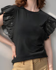 Ruffled Round Neck Cap Sleeve Blouse