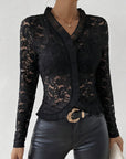 Ruffled V-Neck Long Sleeve Lace Top