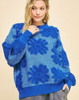 Davi & Dani Flower Texture Round Neck Dropped Shoulder Sweater