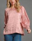 Umgee Wrinkled Round Neck Lantern Sleeve Blouse