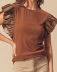 Ruffled Round Neck Cap Sleeve Blouse