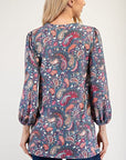 Celeste Full Size Paisley Round Neck Balloon Sleeve Top