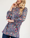 Celeste Full Size Paisley Round Neck Balloon Sleeve Top