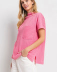 Ces Femme Texture Mock Neck Short Sleeve Knit Top