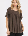 Mittoshop Mineral Washed Round Neck Ruffle Sleeve Blouse