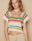 POL Openwork Ethnic Pattern Square Neck Cropped Knit Top