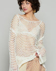 POL Side Slit Openwork Long Sleeve Knit Cover Up