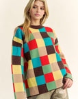 Davi & Dani Color Block Checkered Dropped Shoulder Sweater