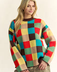 Davi & Dani Color Block Checkered Dropped Shoulder Sweater