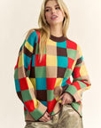 Davi & Dani Color Block Checkered Dropped Shoulder Sweater