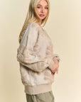 Davi & Dani Flower Texture Round Neck Dropped Shoulder Sweater