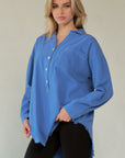 Davi & Dani Letter Back Raw Hem Half Button Shirt