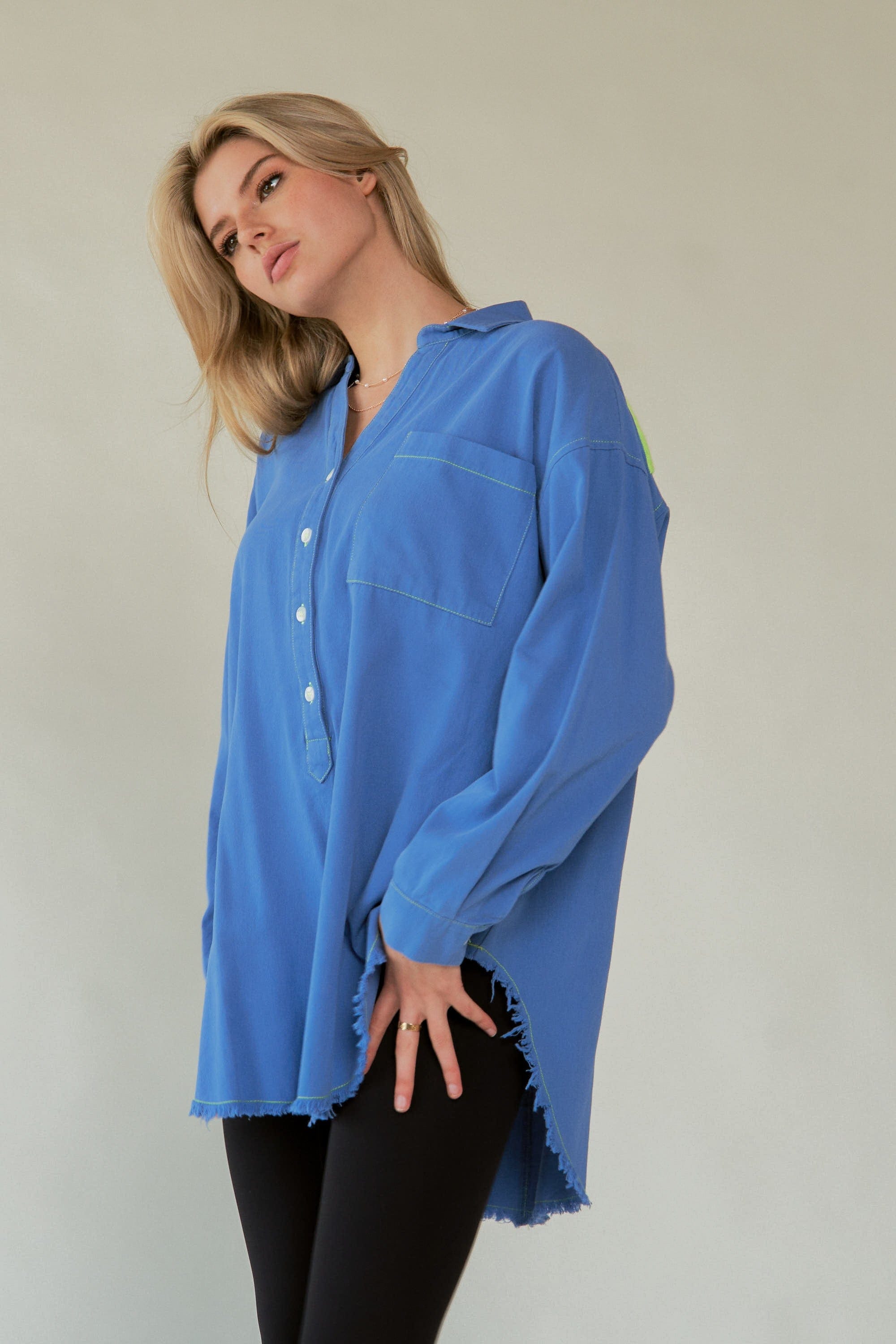 Davi &amp; Dani Letter Back Raw Hem Half Button Shirt