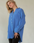 Davi & Dani Letter Back Raw Hem Half Button Shirt