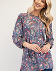 Celeste Full Size Paisley Round Neck Balloon Sleeve Top