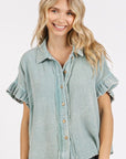 Mittoshop Mineral Washed Button Down Flounce Sleeve Shirt