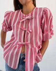 Tied Round Neck Balloon Sleeve Shirt