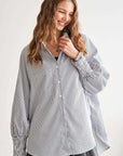 ADORA High-Low Striped Button Down Smocked Lantern Sleeve Shirt