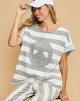 Umgee Peace Sign Patch Striped French Terry T-Shirt