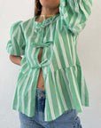 Tied Round Neck Balloon Sleeve Shirt