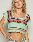 POL Openwork Ethnic Pattern Square Neck Cropped Knit Top