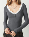 Lace Detail Scoop Neck Long Sleeve Top