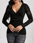 Lace Ruched Surplice Long Sleeve Top