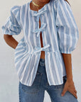 Tied Round Neck Balloon Sleeve Shirt