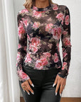 Mesh Floral Mock Neck Long Sleeve Top