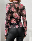 Mesh Floral Mock Neck Long Sleeve Top