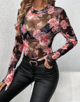 Mesh Floral Mock Neck Long Sleeve Top