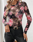 Mesh Floral Mock Neck Long Sleeve Top