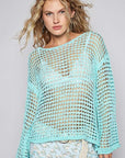 POL Side Slit Openwork Long Sleeve Knit Cover Up