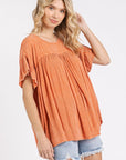 Mittoshop Mineral Washed Round Neck Ruffle Sleeve Blouse