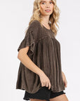 Mittoshop Mineral Washed Round Neck Ruffle Sleeve Blouse