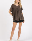 Mittoshop Mineral Washed Round Neck Ruffle Sleeve Blouse