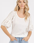 Mittoshop Mixed Media Textured Knit Popcorn Puff Sleeve Blouse