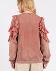 Mittoshop Ruffled Mineral Washed Round Neck Long Sleeve Sweatshirt