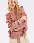 Mittoshop Ruffled Mineral Washed Round Neck Long Sleeve Sweatshirt