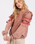 Mittoshop Ruffled Mineral Washed Round Neck Long Sleeve Sweatshirt