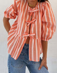 Tied Round Neck Balloon Sleeve Shirt