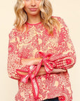 Haptics Ribbon Bow Detail Floral Round Neck Blouse