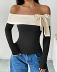 Perfee Bow Contrast Off-Shoulder Long Sleeve Top