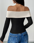 Perfee Bow Contrast Off-Shoulder Long Sleeve Top