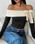 Perfee Bow Contrast Off-Shoulder Long Sleeve Top