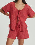 Plaid Tied Scoop Neck Short Sleeve Top and Drawstring Shorts Set