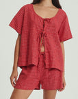 Plaid Tied Scoop Neck Short Sleeve Top and Drawstring Shorts Set