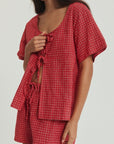 Plaid Tied Scoop Neck Short Sleeve Top and Drawstring Shorts Set