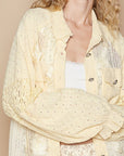 POL Eyelet Flower Pearl Detail Lace Patchwork Shirt